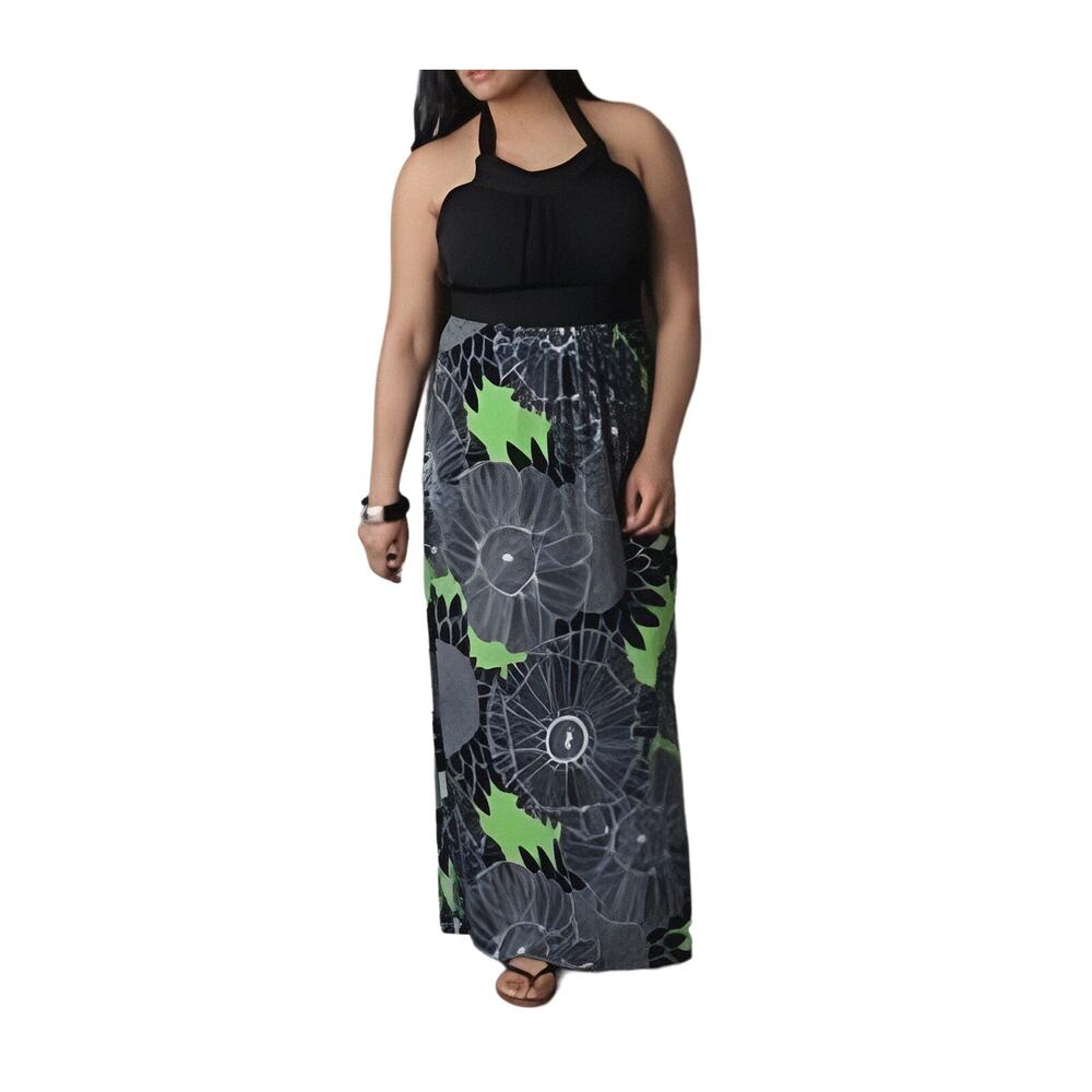 Lane Bryant Halter Neck Maxi Dress Black Green Floral Women's Plus Size 18/20